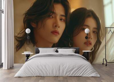 Korean couple like in a Korean drama with a modern man and woman with long beautiful hair Wall mural