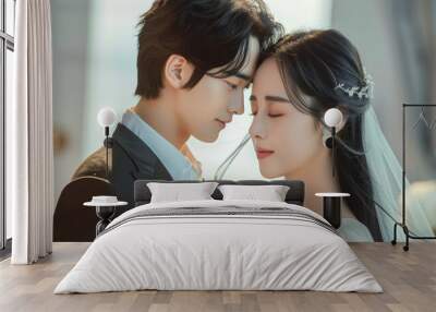 Korean couple like in a Korean drama with a modern man and woman with long beautiful hair Wall mural