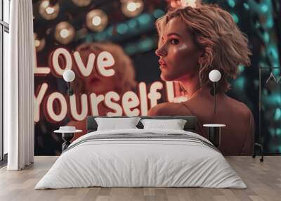 Love yourself concept image with beautiful blonde woman looking herself in the mirror and glowing sign love yourself message Wall mural