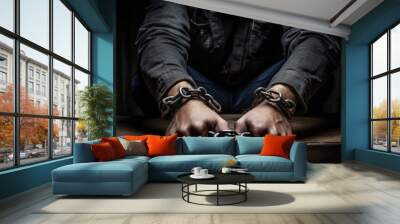 Male hands in chain handcuffs close-up view Wall mural