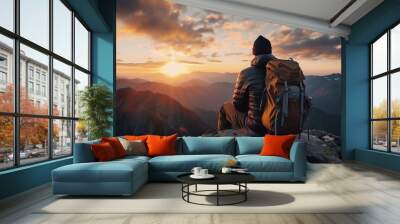 Man hiker sitting on top of a mountain with a backpack, looking at the sunset with sky and clouds background landscape Wall mural