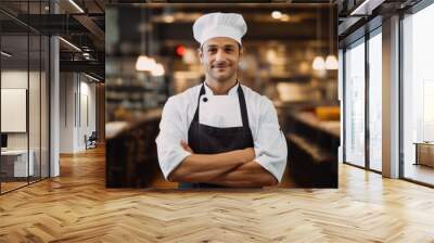 Man restaurant chef standing in front of a counter in an open kitchen restaurant Wall mural