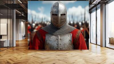 Man wearing Medieval Knights armor with heavy iron helmet Wall mural