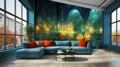 Many lovely cute glowing ghost in a magical swamp animation style character Wall mural