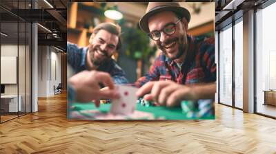 Men friends having fun on poker night they organized at home playing card game Wall mural