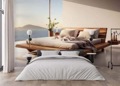 Modern cosy bedroom with wooden bed frame and squared mattress Wall mural