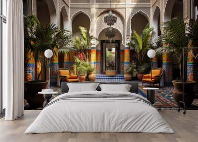 Moroccan riad , reflecting the distinctive architecture of North Africa. Courtyard house with a central fountain, surrounded by arched doorways Wall mural