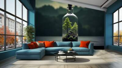 Nature in a bottle with view of a forest inside a glass jar on simple background Wall mural