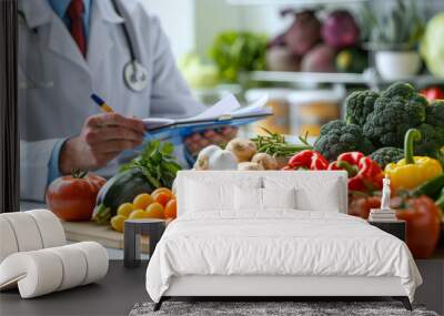 Nutritionist concept image with nutrition specialist showing vegetables for a proper nutrition Wall mural