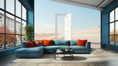 Open white door in middle of desert Wall mural