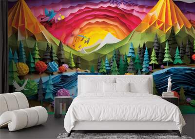 Origami folded paper mountains landscape illustration Wall mural