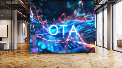 OTA over-the-air update illustration with written OTA in middle of data flow to upgrade a firmware background Wall mural