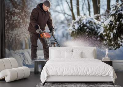 Person clearing snow from his garden path during winter Wall mural