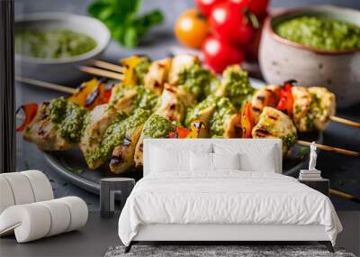 Pesto chicken skewers with grilled chicken marinated in green basil pesto Wall mural