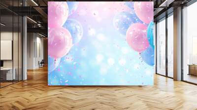 Pink and blue balloons and confetti background with copy space for festive gender reveal party or baby shower backdrop Wall mural