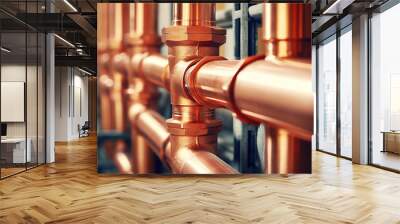 Plumbing service with copper pipeline of a heating system. Plumbing, fixing pipes and fittings for connection of water or gas systems Wall mural