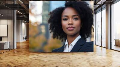 Portrait of a beautiful black afro american woman in suit outdoors with a blurry business center in backdrop Wall mural