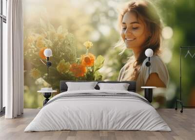 Portrait of a beautiful young European woman gardener on sunny day Wall mural