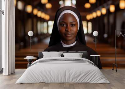 Portrait of a black african catholic nun in church background Wall mural