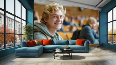 Portrait of a blond hair nordic caucasian happy university student sitting in a college lecture hall Wall mural