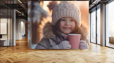 Portrait of a child in winter clothes on frosty day as they sip hot cocoa from a steaming mug outdoors in the chilly winter air and beautiful light Wall mural