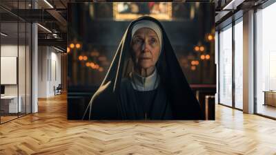 Portrait of a Christian Nun praying in a big church Wall mural