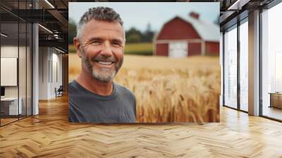 Portrait of a happy mature farmer male in his field showing love of the man for his work and rural way of life Wall mural