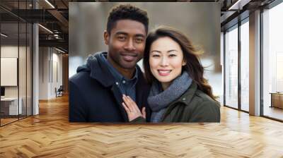 Portrait of a happy mixed couple with a black african man and asian chinese woman Wall mural