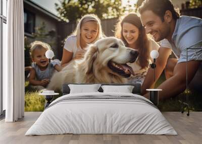 Portrait of a happy smiling family playing with their dog in the backyard garden Wall mural