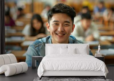 Portrait of a Korean asian happy university student sitting in a college lecture hall Wall mural