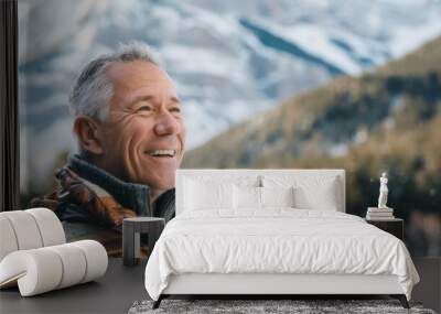 Portrait of a mature male in winter outdoor , happy man in scenic mountain and forest landscape Wall mural