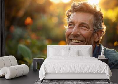 Portrait of a mature man in a botanical garden , the male smiling face show how much he is enjoying this green nature surrounding him Wall mural