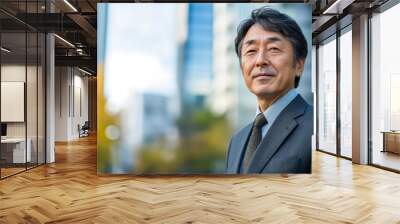 Portrait of a mature middle-aged Asian man in suit outdoors with a blurry business center in backdrop Wall mural