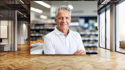 Portrait of a mature supermarket manager man with a kind smile inside his shop , grocery store shelves in background Wall mural