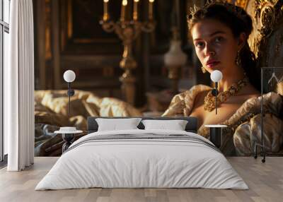 Portrait of a medieval fantasy princess in her luxurious bedroom, looking at the viewer, mouth slightly open, dynamic pose, luxurious dress, gold necklace earrings and jewelry, big eyes Wall mural