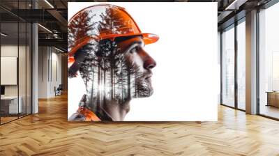 Portrait of a tree-trimmer man with safety helmet letting see forest trees on white background with copy space Wall mural