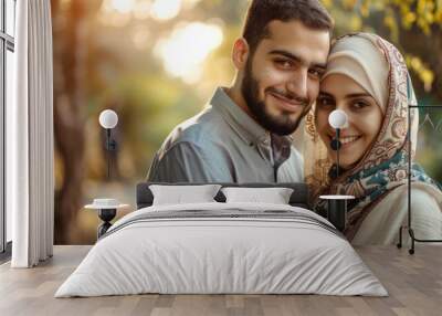 Portrait of a young and happy Turkish couple with handsome man and beautiful woman posing to celebrate their engagement in modern days Wall mural