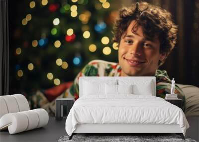 Portrait of a young caucasian 20 year old man wearing a Christmas-themed pajama relaxing on a couch at home on Christmas night with a Christmas tree in background Wall mural