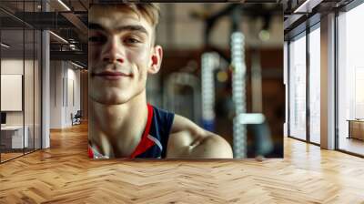 Portrait of a young Caucasian male athlete wearing a sports jersey looking straight into the camera with copy space and gym setting with equipment in the background Wall mural