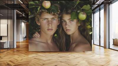 Portrait of a young couple of naked man and woman under apple tree like Adam and Eve in the Garden of Eden Wall mural