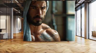 Portrait of a young handsome caucasian muscular man wearing only a towel in grungy bathroom Wall mural