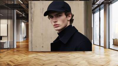 Portrait of a young handsome trendy man wearing a cap of black color Wall mural