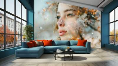 Portrait of a young woman and transparency letting see a landscape of autumn and winter for the return of cold days season Wall mural