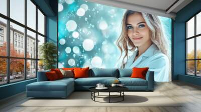 Portrait of a young woman scientist or doctor wearing a white coat with crossed arms over a bright bokeh background with copy space, the caucasian girl have long hair and show a happy smiling face Wall mural