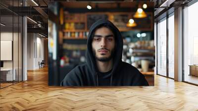 Portrait of young Persian man in a morning coffee shop wearing a black hoodie looking at the camera Wall mural