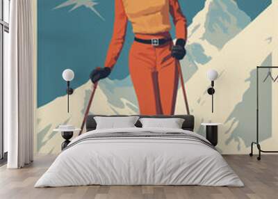 Poster illustration of a woman skiing at a ski resort in 1950's pop art style Wall mural