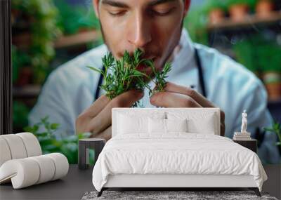 Professional cook chef smelling the freshly cut aromatic herbs to prepare flavored dish Wall mural