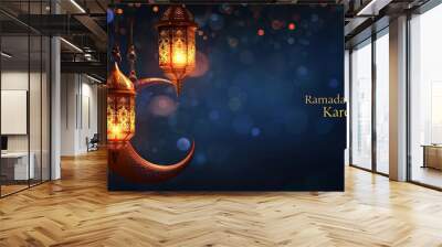 Ramadan Kareem illustration banner background with Islamic Crescent and lantern and written Ramadan Kareem Wall mural