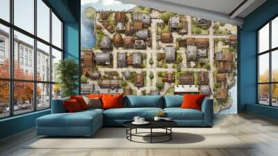 RPG Fantasy Top Down City Battle Map, Village Themed Video Games Illustration, Roleplaying Fantasy Tabletop Wall mural