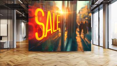 Sale concept image with a Sale sign in a shop window and people in street in background Wall mural